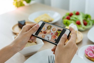 Restoran masasında yemek fotoğrafı çekmek için cep telefonu kullanan bir eleştirmen. İnternette paylaşmak için restoranın eleştirisini yazmak için fotoğraf çekin..