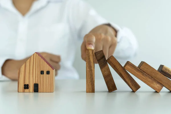 Insurance Hands Protect House Wooden Domino Block Fall House Home — Stock Photo, Image