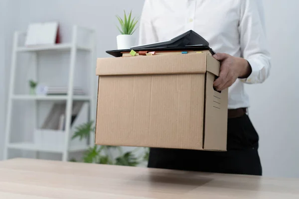 Businessman Holds Box Personal Items Sending Resignation Letter Executive Manager — Stock Photo, Image