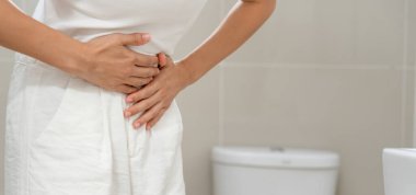 Constipation and diarrhea in bathroom. Hurt woman touch belly  stomach ache painful. colon inflammation problem, toxic food, abdominal pain, abdomen, constipated in toilet, stomachache, Hygiene