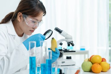 Bilimadamları, laboratuvardaki meyve ve sebze artıkları üzerindeki kimyasal maddelerin fiziksel etkilerini kontrol etmek için büyüteç kullanıyorlar. Kimyasal kalıntıların konsantrasyonunu inceleyin, standart, yasaklanmış maddeleri bulun