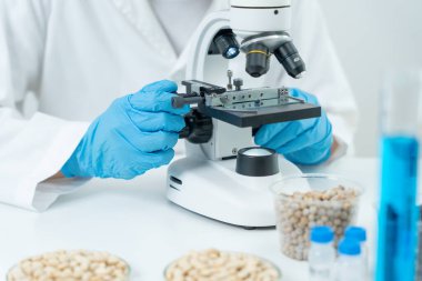 Bilimadamı laboratuvardaki tüm kimyasal tanecikleri kontrol ediyor. Kontrol uzmanları kimyasal kalıntıların konsantrasyonunu inceliyor. Tehlike, standart, yasaklı maddeler, kirlilik, mikrobiyolog