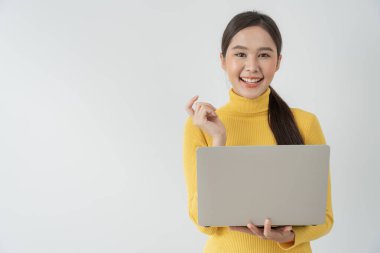 working woman, Portrait of smiling Asia girl in work clothes using laptop, sit at office and doing research, copy space, happy cheerful cute business, positive energy, Business plan, female executive