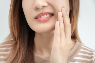 Asian woman feel toothache from gingivitis, female suffer tooth, decay problems, dental care. sensitive tooth, decay problem, bad breath, Gingival Recession, Oral Hygiene instruction, tooth extraction