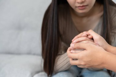 Couple hold hand support each while discussing family issues with psychiatrist. Husband encourages and empathy wife suffers depression. psychological, save divorce, Hand in hand together, trust, care