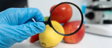 Bilimadamları, laboratuvardaki meyve ve sebze artıkları üzerindeki kimyasal maddelerin fiziksel etkilerini kontrol etmek için büyüteç kullanıyorlar. Kimyasal kalıntıların konsantrasyonunu inceleyin, standart, yasaklı maddeyi bulun