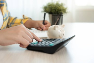 Para biriktir. Kadın tasarruf için para hesaplıyor. wealth, Finance, business, invest, Emeklilik, future, muhasebe, plan life, economize, bankacılık, family, health.