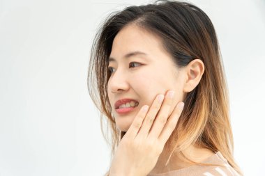 Asian woman feel toothache from gingivitis, female suffer tooth, decay problems, dental care. sensitive tooth, decay problem, bad breath, Gingival Recession, Oral Hygiene instruction, tooth extraction