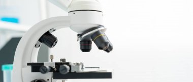 Bilimadamı ileri bilimsel laboratuvarda biyokimyasal örnekleri analiz ediyor. Tıbbi profesyonel kullanım mikroskobu virüsün mikrobiyolojik gelişimini gösteriyor. Fen laboratuvarında biyoteknoloji araştırması.