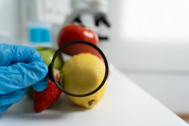 Bilimadamları, laboratuvardaki meyve ve sebze artıkları üzerindeki kimyasal maddelerin fiziksel etkilerini kontrol etmek için büyüteç kullanıyorlar. Kimyasal kalıntıların konsantrasyonunu inceleyin, standart, yasaklı maddeyi bulun