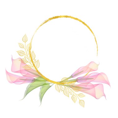 Modern altın davetiye çerçevesinin lüks minimalist tasarımı. Düğün davetiyeleri için davetiye tasarımı. Şeffaf kalla çiçekli VIP davetiye kartı. Güzellik logosu. X-ray çiçekleri, altın dallar