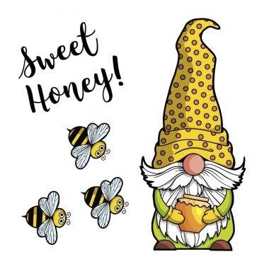 Ellerinde bir kavanoz bal olan cüce ve bir arı, Sweet Honey 'den alıntı, bahar yaz cücesi Gnome bal Gnomish aşkı. Tebrik kartı yazdırmak için beyaz arkaplanda el yapımı dijital çizimler izole edildi
