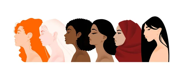 Çok uluslu farklı kadın güzelleri, Afrikalı, Asyalı, Avrupalı, Arap, Hintli, albinolu, cesur ve güçlü kadınlar birbirlerini destekliyor, kadın arkadaşlığı. Haklar, bağımsızlık, eşitlik için mücadele.