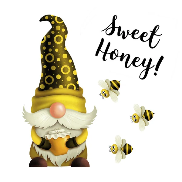 Gnome Jar Honey His Hands Bee Quote Sweet Honey Spring — Stock Photo, Image
