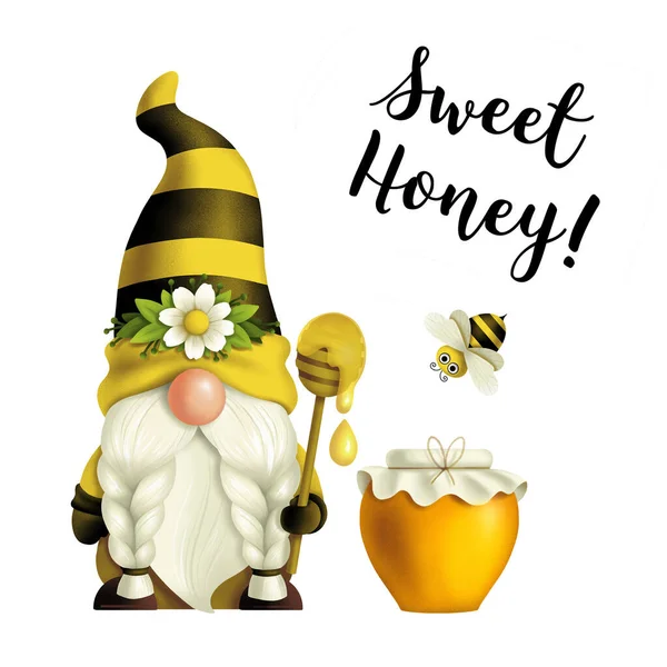 Gnome Girl Spoon Honey Hands Bee Quote Sweet Honey Spring — Stock Photo, Image