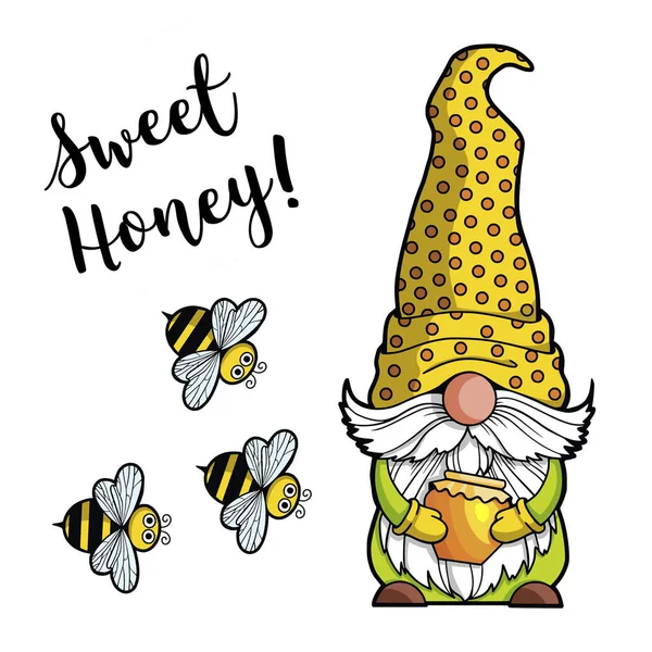 Ellerinde bir kavanoz bal olan cüce ve bir arı, Sweet Honey 'den alıntı, bahar yaz cücesi Gnome bal Gnomish aşkı. Tebrik kartı yazdırmak için beyaz arkaplanda el yapımı dijital çizimler izole edildi