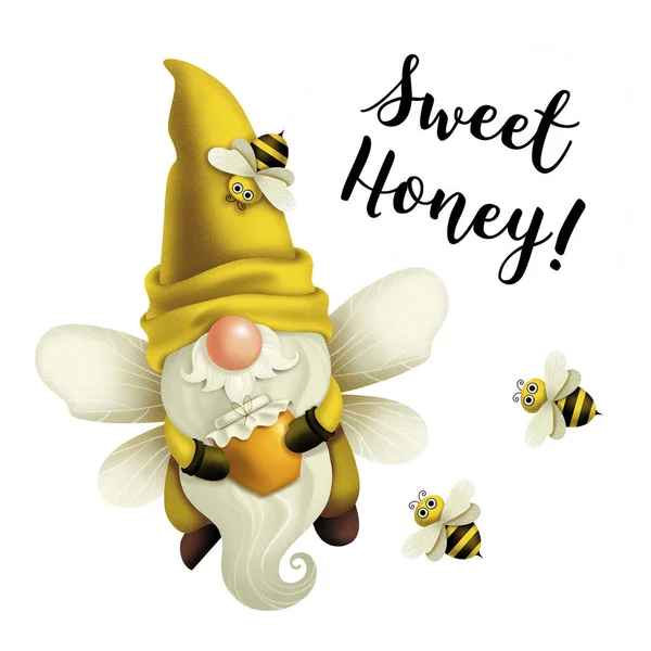 Gnome Bee Wings Flies Jar Honey Bees Quote Sweet Honey — Stock Photo, Image