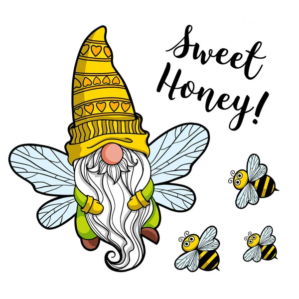 Gnome Bee Wings Flies Jar Honey Bees Quote Sweet Honey — Stock Photo, Image