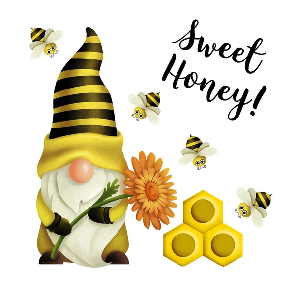 Gnome Mit Ringelblume Wabe Und Biene Zitat Süßer Honig Frühling — Stockfoto