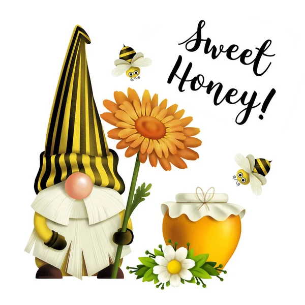 Gnome Calendula Flower Jar Honey Bee Quote Sweet Honey Spring — Stock Photo, Image