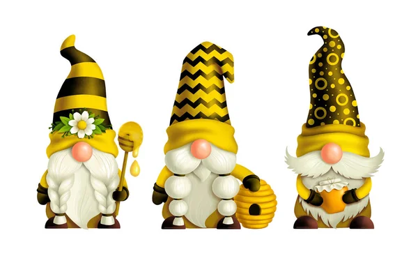 Establecer Gnomos Abeja Para Apicultor Sombrero Amarillo Con Cuchara Miel — Foto de Stock