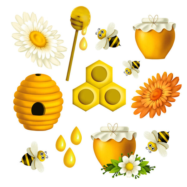 набор для пчеловода, медового сосуда, ромашки и календулы, мультяшных милых пчёл, сотовых и пчелиных ульев, деревянных медовых ложек, медовых капель Ручные рисунки на белом фоне, для печати