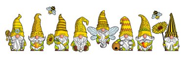 Sarı şapkalı cüceler, arı kovanı ve arılar bahar-yaz cücesi Gnome bal Gnomish aşkı. Tebrik kartı yazdırmak için beyaz arkaplanda el yapımı dijital çizimler izole edildi