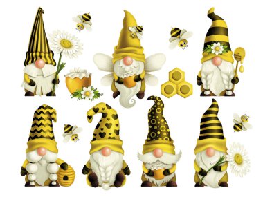 Sarı şapkalı cüceler, arı kovanı ve arılar bahar-yaz cücesi Gnome bal Gnomish aşkı. Tebrik kartı yazdırmak için beyaz arkaplanda el yapımı dijital çizimler izole edildi