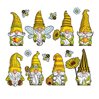 Sarı şapkalı cüceler, arı kovanı ve arılar bahar-yaz cücesi Gnome bal Gnomish aşkı. Tebrik kartı yazdırmak için beyaz arkaplanda el yapımı dijital çizimler izole edildi