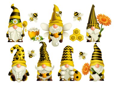 Sarı şapkalı cüceler, arı kovanı ve arılar bahar-yaz cücesi Gnome bal Gnomish aşkı. Tebrik kartı yazdırmak için beyaz arkaplanda el yapımı dijital çizimler izole edildi