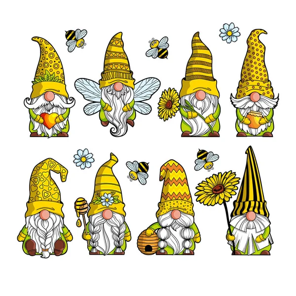 Sarı şapkalı cüceler, arı kovanı ve arılar bahar-yaz cücesi Gnome bal Gnomish aşkı. Tebrik kartı yazdırmak için beyaz arkaplanda el yapımı dijital çizimler izole edildi