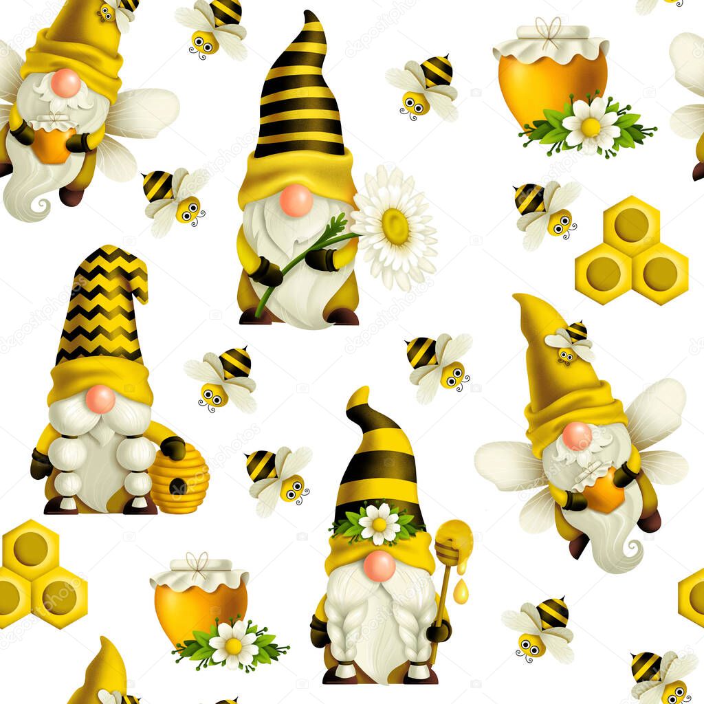 Seamless pattern of gnomes and bees, gnome summer, flying gnome bee, gnome girl and beehive holiday honey and bee products, hand-drawn seamless illustrations for printing on paper and textiles.