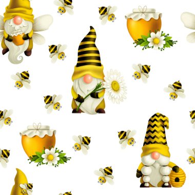 Gnome ve arıların kusursuz deseni, cüce yaz, uçan cüce arı, cüce kız ve arı kovanı tatil balı ve arı ürünleri, kağıt ve tekstil üzerine basım için elle çizilmiş kusursuz çizimler.