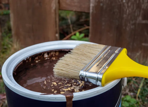 Paint bucket with brush and brown paint