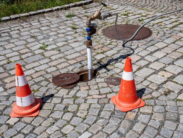 Conexión Hidrante Para Una Tubería Agua Sitio Construcción — Foto de Stock