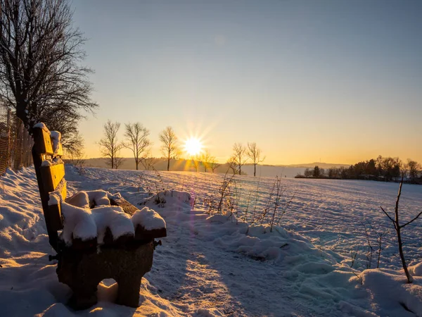 Snow Covered Wooden Bench Vogtland Romantic Sunset — Stock Photo, Image