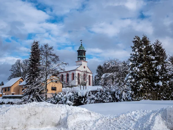 Uitzicht Kerk Morgenroethe Rautenkranz Winter Vogtland Saksen — Stockfoto