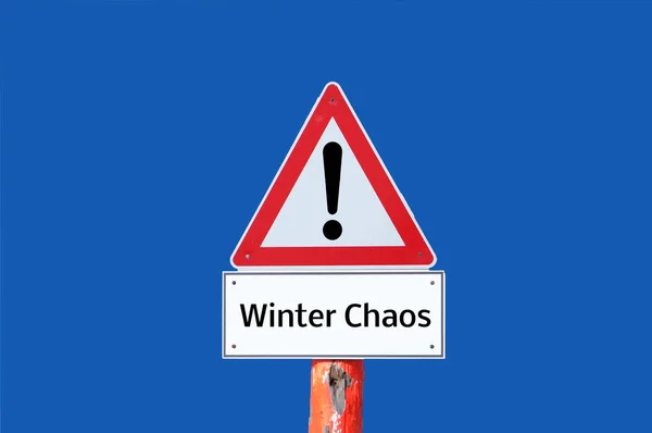 Attenzione Inverno Caos Segnale Avvertimento Sfondo Blu — Foto Stock