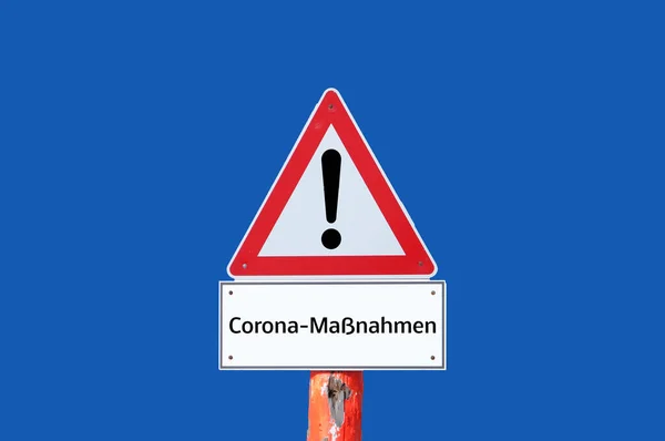 Corona Misst Warnschild Auf Blauem Hintergrund — Stockfoto