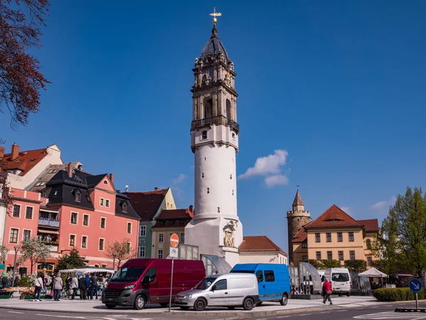 Mercado Cidade Velha Com Reichenturm Bautzen — Fotografia de Stock