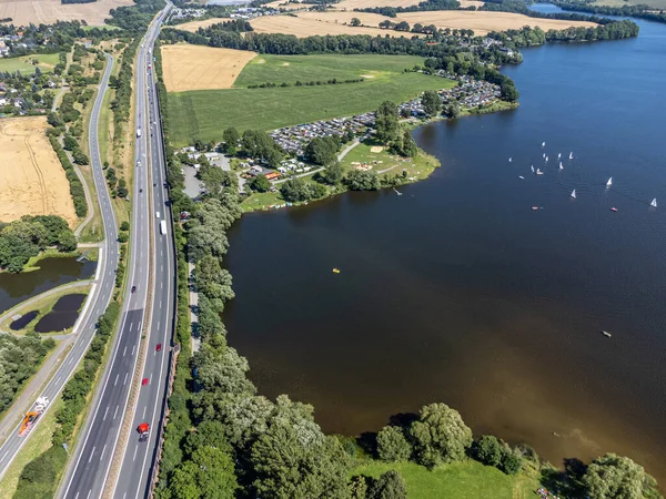 Barragem Pirk Vogtland Vista Aérea Com Auto Estrada — Fotografia de Stock