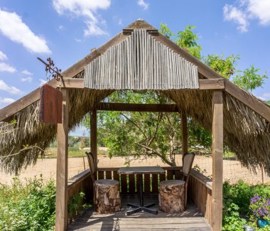 Ahşap pergola, çatı ile kaplı palmiye dalları
