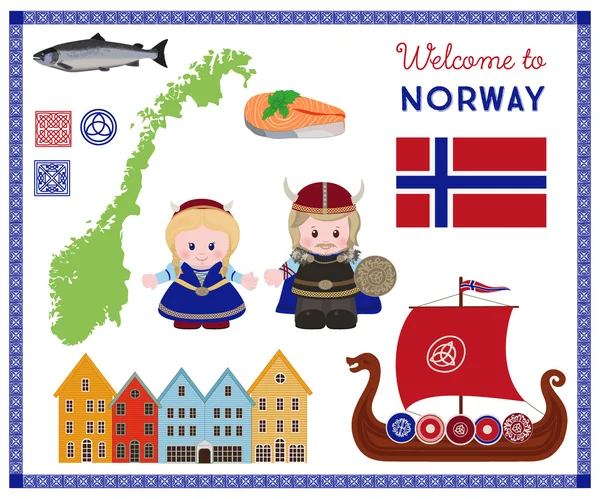 Välkommen till Norge, skandinaviska symboler set — Stock vektor