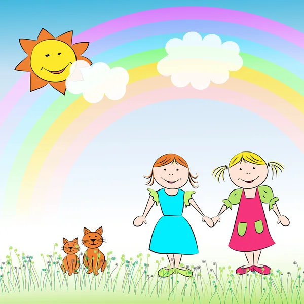 孩子们，两个女孩，猫和彩虹 — 图库矢量图片