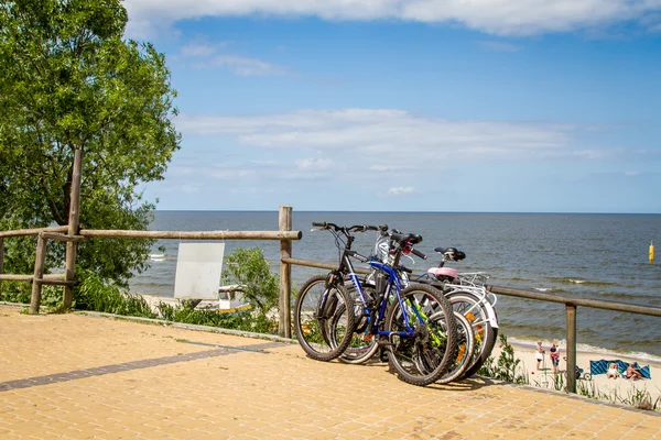 Bicicletas apoyadas contra valla de madera — Foto de Stock