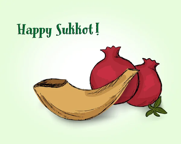 Vacaciones Sukkot, shofar y granadas — Vector de stock