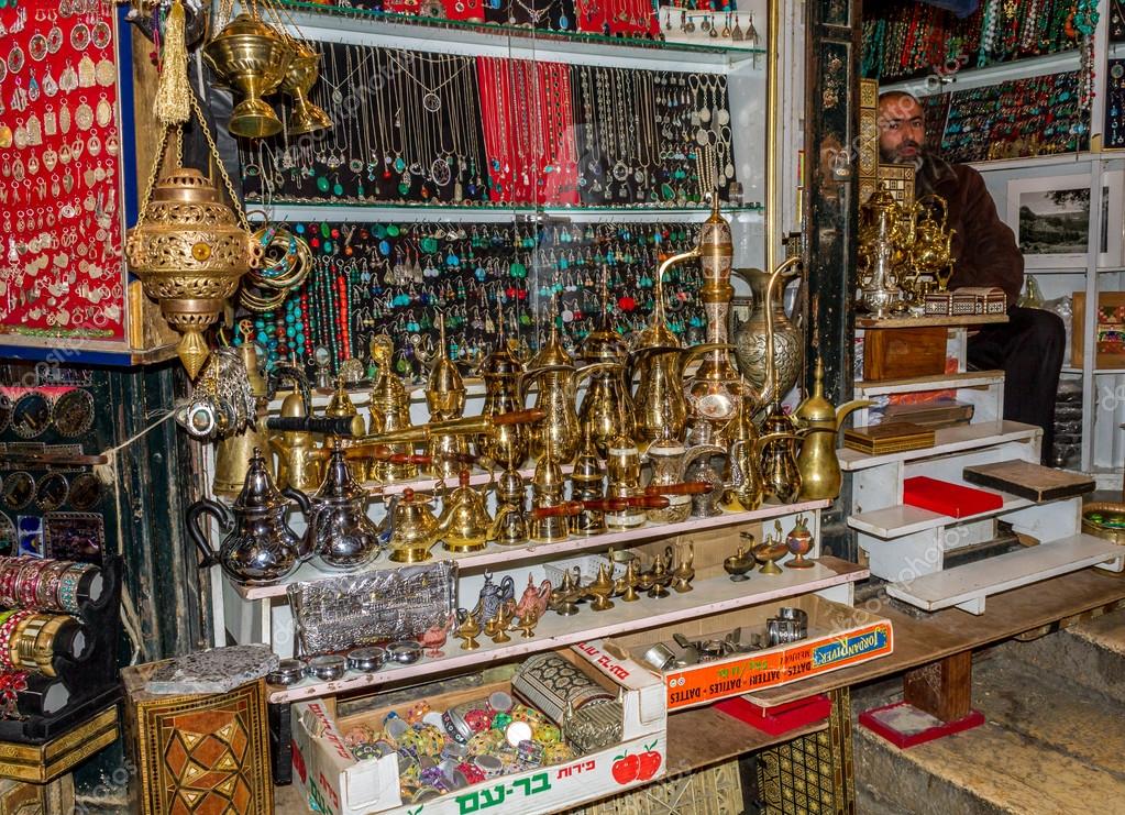 Jerusalem market in Old City, one of gift shops Stock Editorial Photo