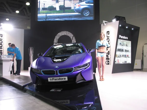 Pandora and BMW. The girl from the BMW team works on exhibition. Moscow International  Auto Show 2016 — Stock Photo, Image