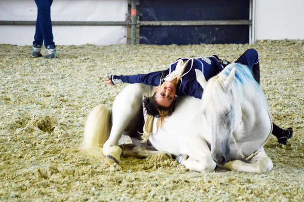 Moskva Riding Hall International Horse Show Žena Jako Žokej Modrých — Stock fotografie