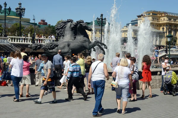 Questrian statue  Fountain at Theater Square  Summer day  July  Heat — Stock Photo, Image